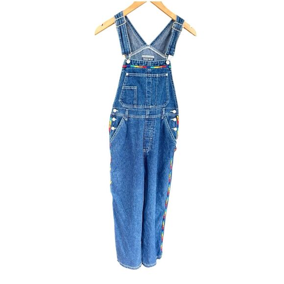 Vintage Limited Too 90s Denim Overalls Juniors 3 Blue Rainbow Trim Y2K Grunge - Picture 1 of 10